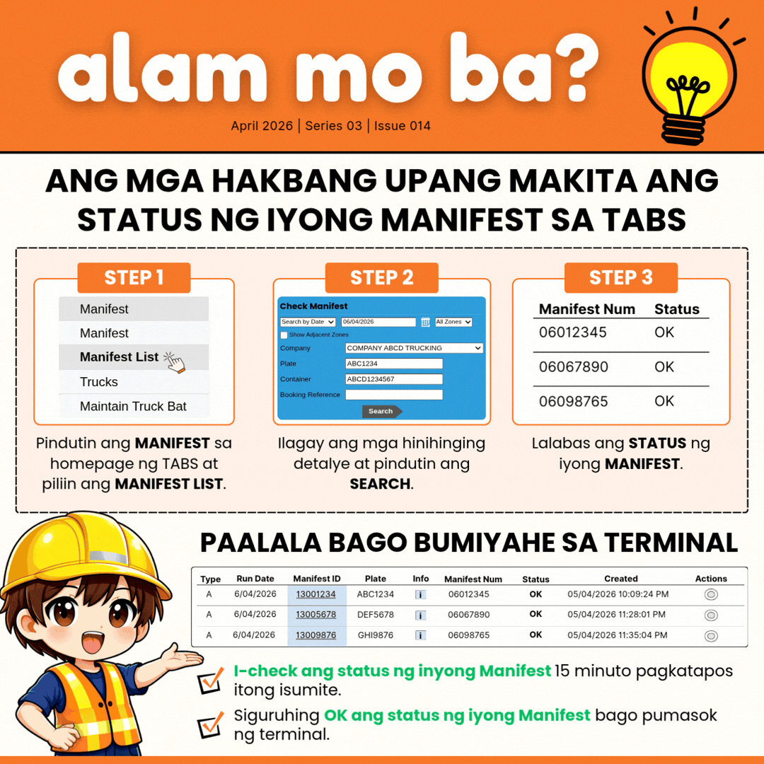 Advisory #014: Alam Mo Ba? Ang Mga Hakbang upang Makita ang Status ng iyong Manifest sa TABS